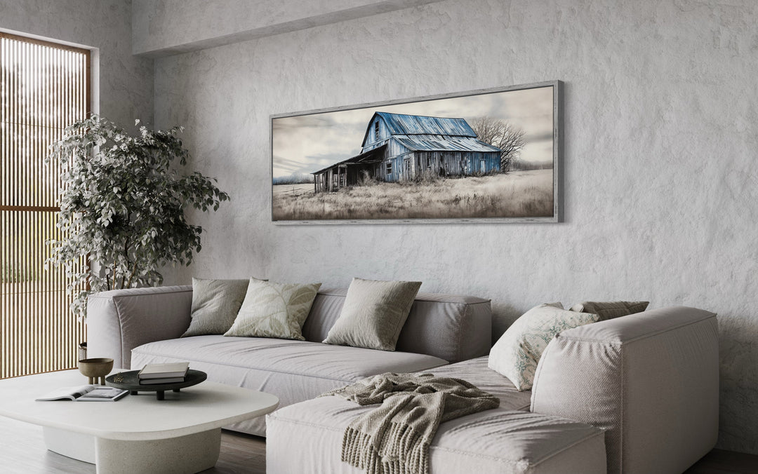 Old Rustic Blue Barn Painting On Wood Long Horizontal Framed Canvas Wall Art