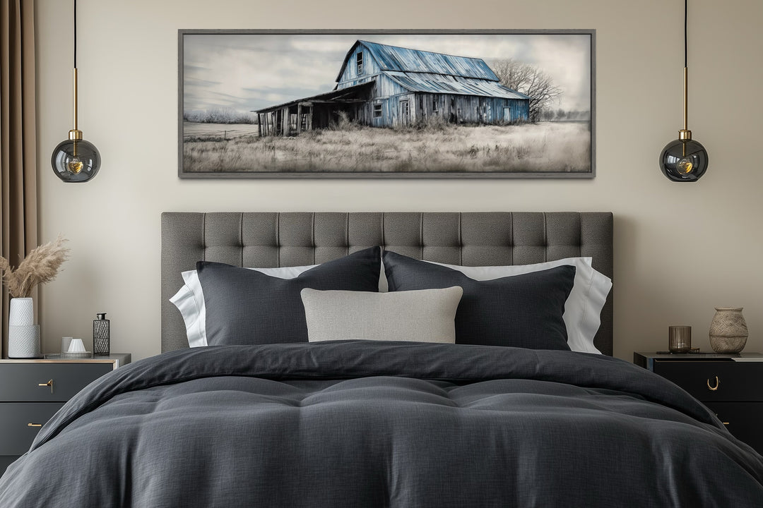 Farmhouse Wall Decor - Old Rustic Blue Barn Painting On Wood Long Horizontal Framed Canvas Wall Art