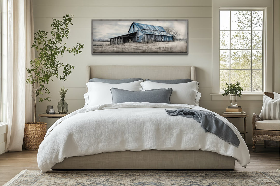 Old Rustic Blue Barn Painting On Wood Long Horizontal Framed Canvas Wall Art