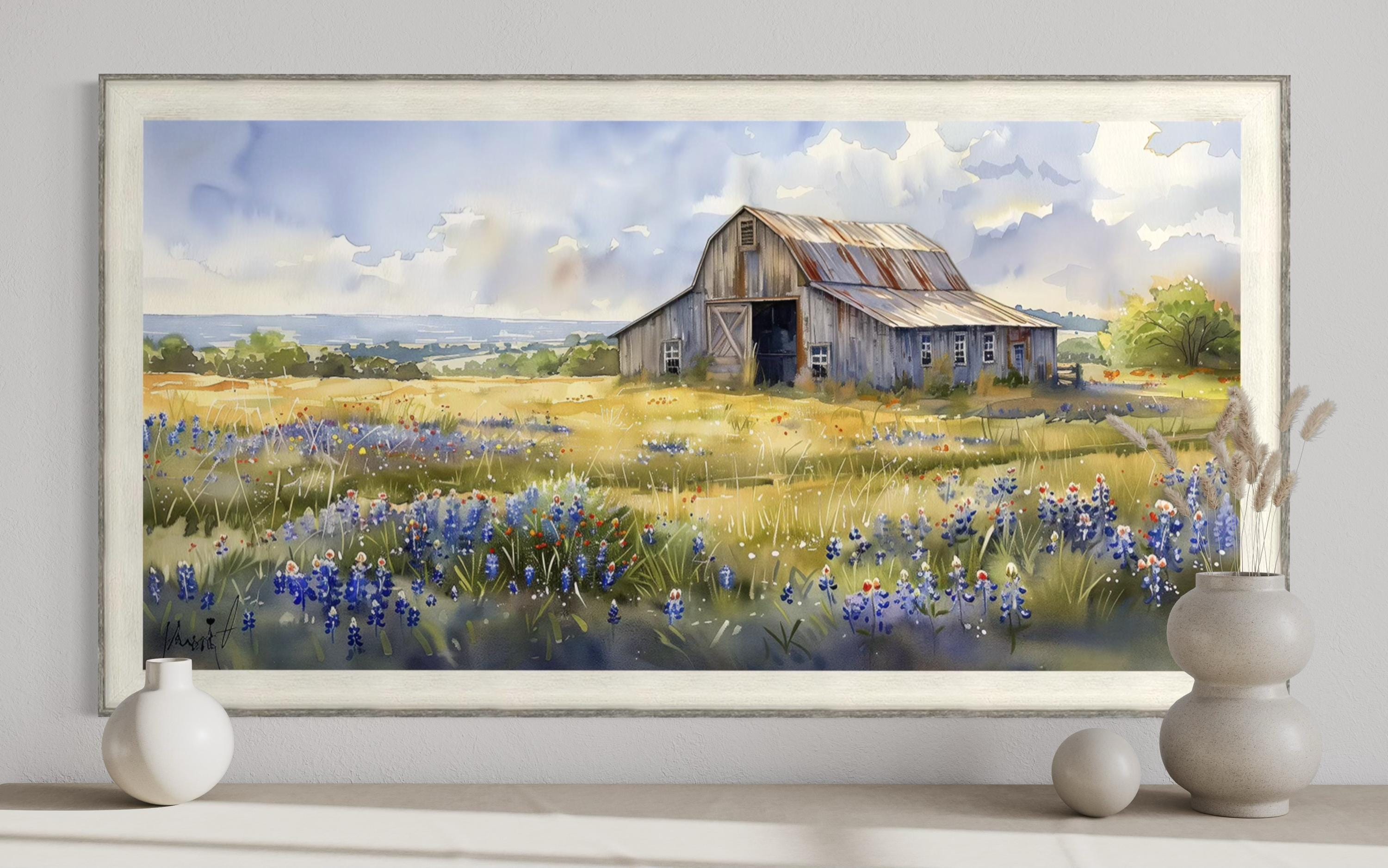 Rustic Farmhouse Barn Texas Bluebonnets Wall Art | Distressed