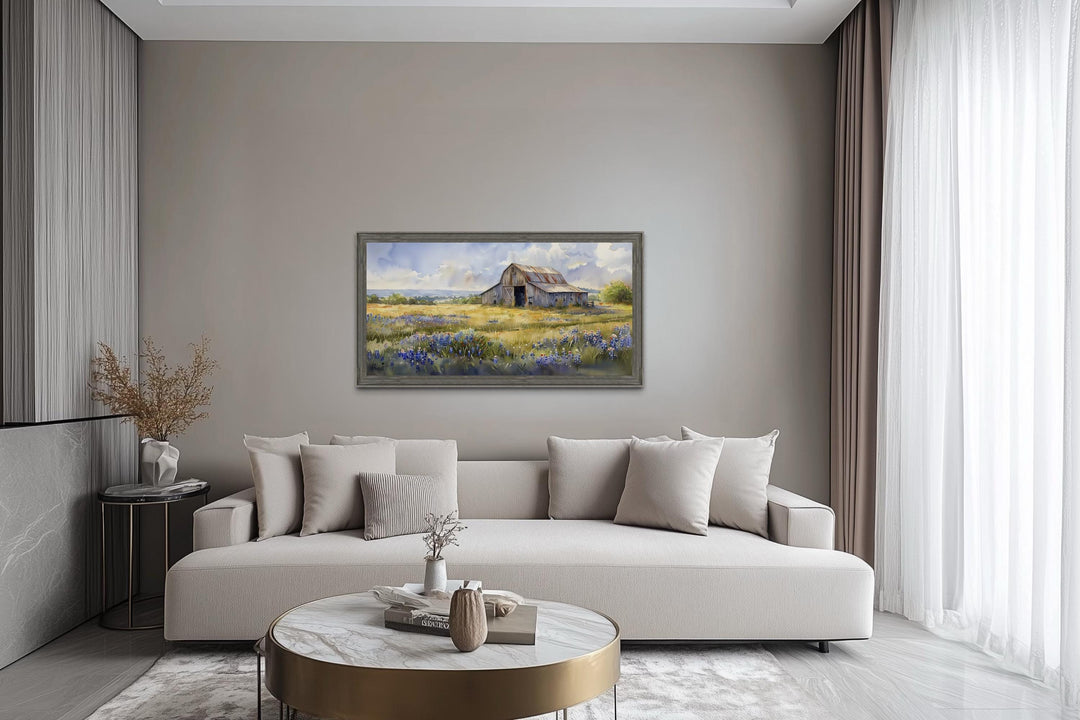 Old Rustic Farmhouse Barn In Texas Bluebonnets In Distressed Barnwood Driftwood Frame Wall Art