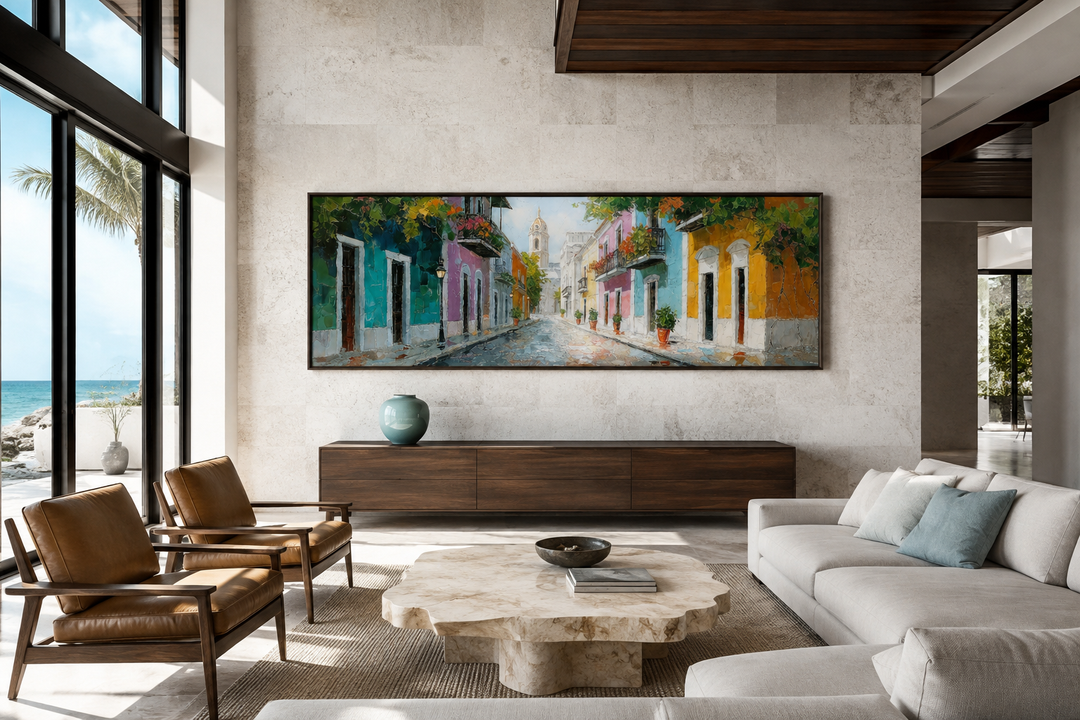 Old San Juan Street Puerto Rico long horizontal wall art above a console in a modern living room.