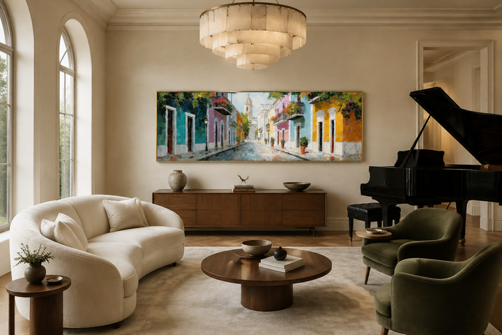 Old San Juan Street Puerto Rico long horizontal wall art above a wooden console in a living room.
