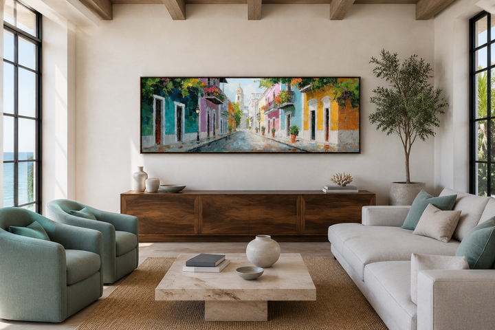 Old San Juan Street Puerto Rico long horizontal wall art above a wooden console in a living room.