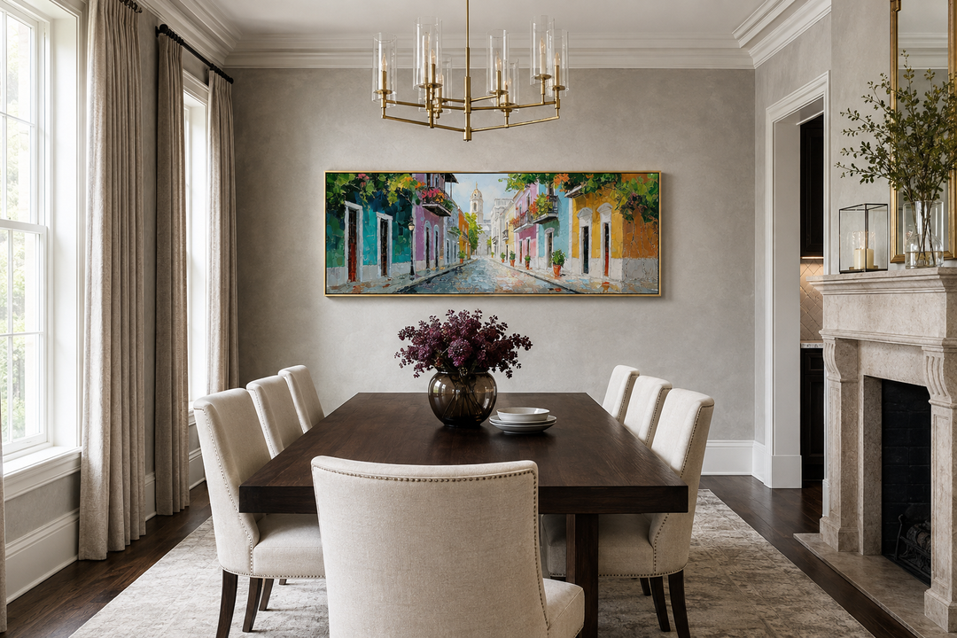 Old San Juan Street Puerto Rico long horizontal wall art above a dining table in a neutral room.