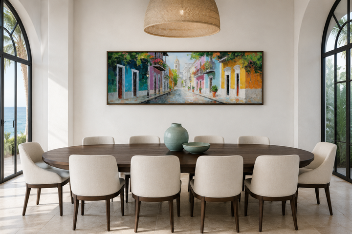 Old San Juan Street Puerto Rico long horizontal wall art above a dining table in a modern room.