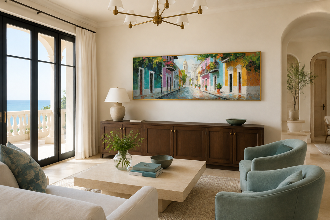 Old San Juan Street Puerto Rico long horizontal wall art above a dark wood console in a living room.