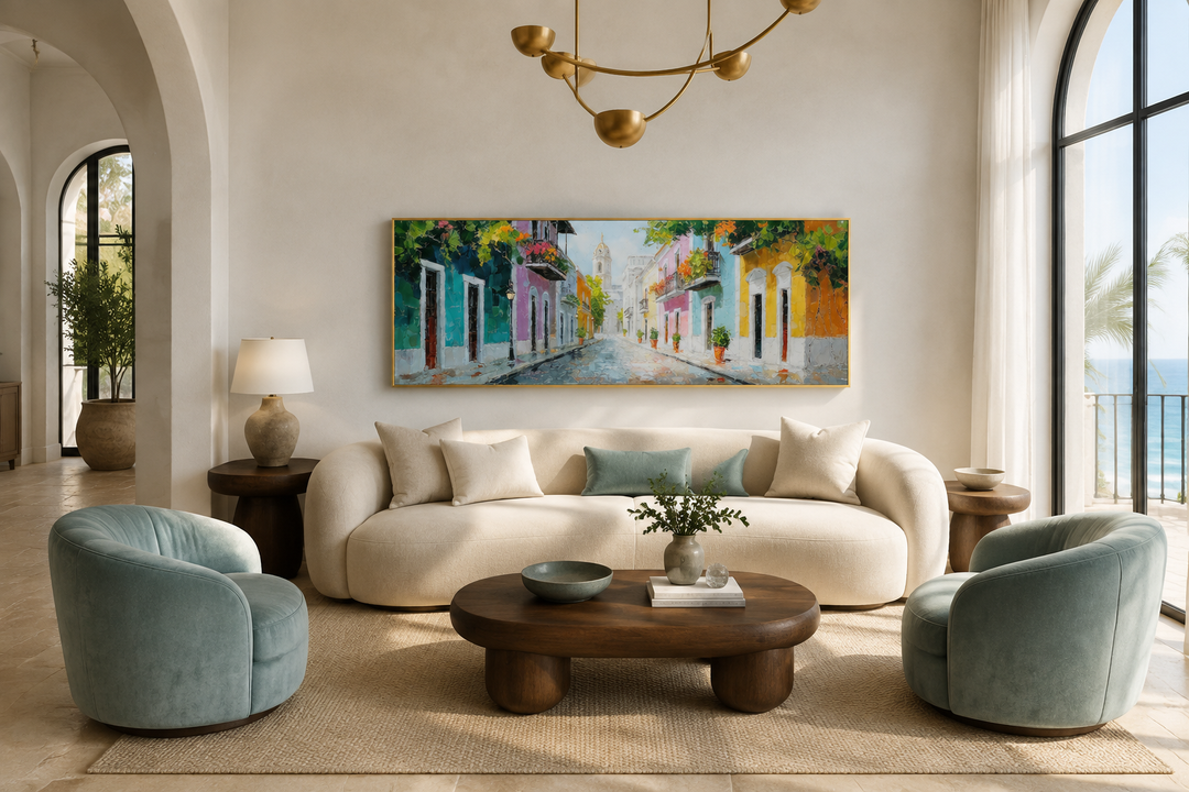 Old San Juan Street Puerto Rico long horizontal wall art above a cream sofa in a modern living room.