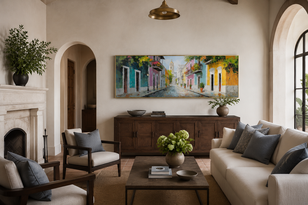 Old San Juan Street Puerto Rico long horizontal wall art above a wooden sideboard in a living room.