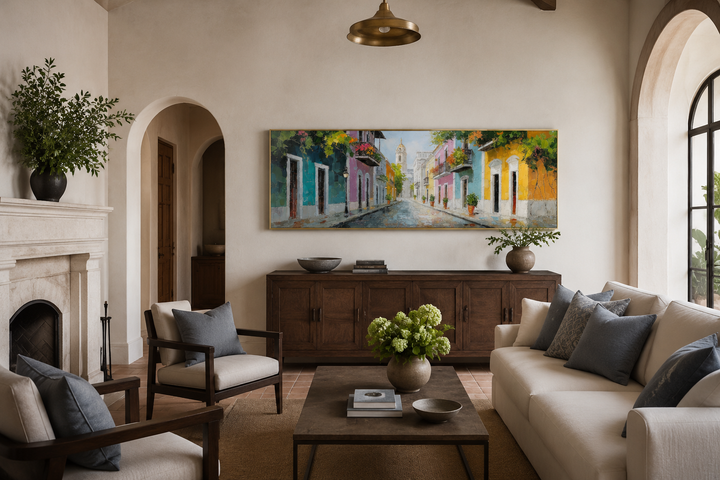 Old San Juan Street Puerto Rico long horizontal wall art above a wooden sideboard in a living room.