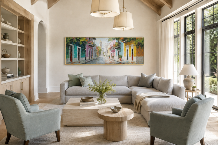 Old San Juan Street Puerto Rico long horizontal wall art above a sofa in a neutral living room.