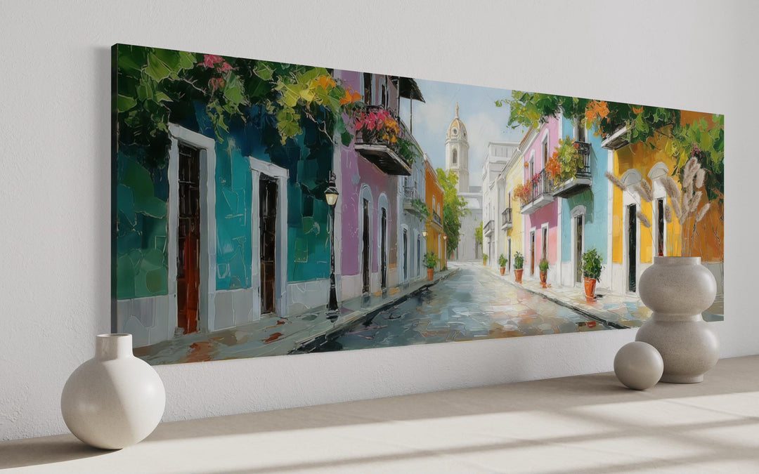 Old San Juan Street Puerto Rico long horizontal wall art featuring colorful buildings and a church.