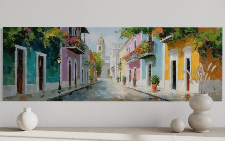 Old San Juan Street Puerto Rico long horizontal wall art featuring colorful buildings and balconies