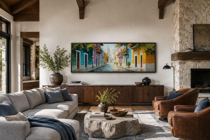 Old San Juan Street Puerto Rico long horizontal wall art above a console in a modern living room.