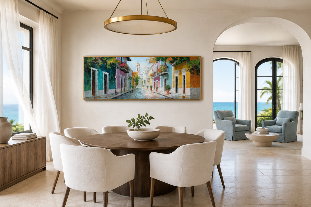 Old San Juan Street Puerto Rico long horizontal wall art above a dining table in a bright room.