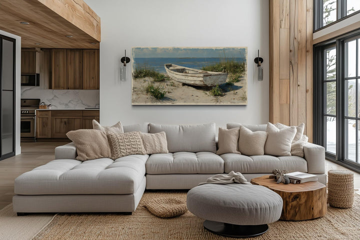Old White Boat On The Beach Coastal Framed Canvas Wall Art