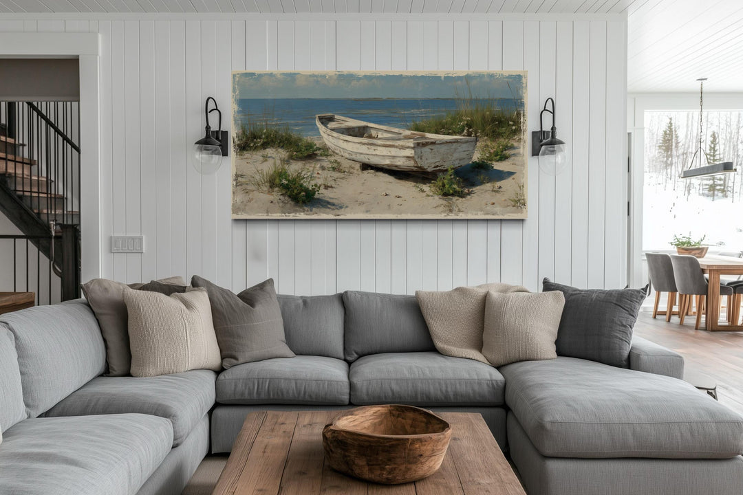 Old White Boat On The Beach Coastal Framed Canvas Wall Art