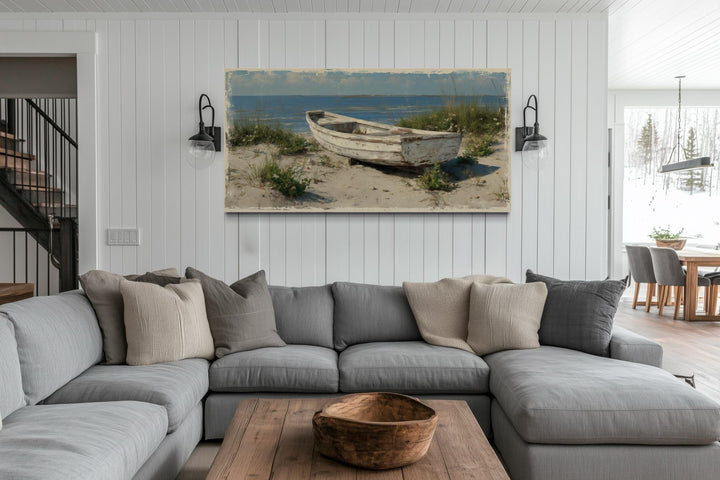 Old White Boat On The Beach Coastal Framed Canvas Wall Art