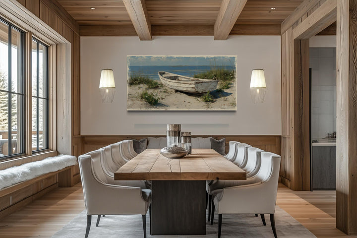 Old White Boat On The Beach Coastal Framed Canvas Wall Art