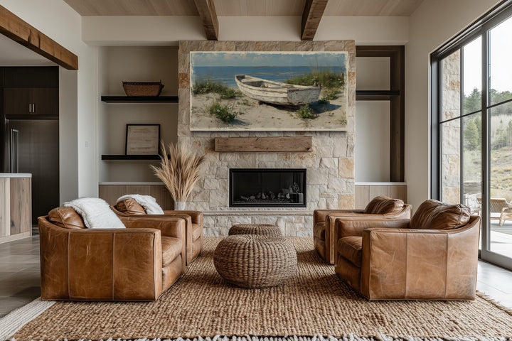 Old White Boat On The Beach Coastal Framed Canvas Wall Art