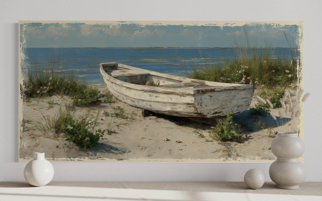 Old White Boat On The Beach Coastal Framed Canvas Wall Art