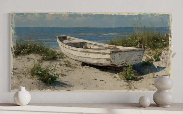 Old White Boat On The Beach Coastal Framed Canvas Wall Art