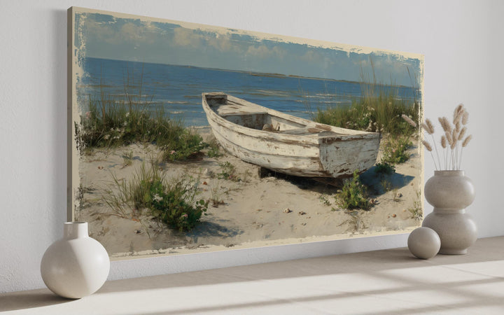 Old White Boat On The Beach Coastal Framed Canvas Wall Art
