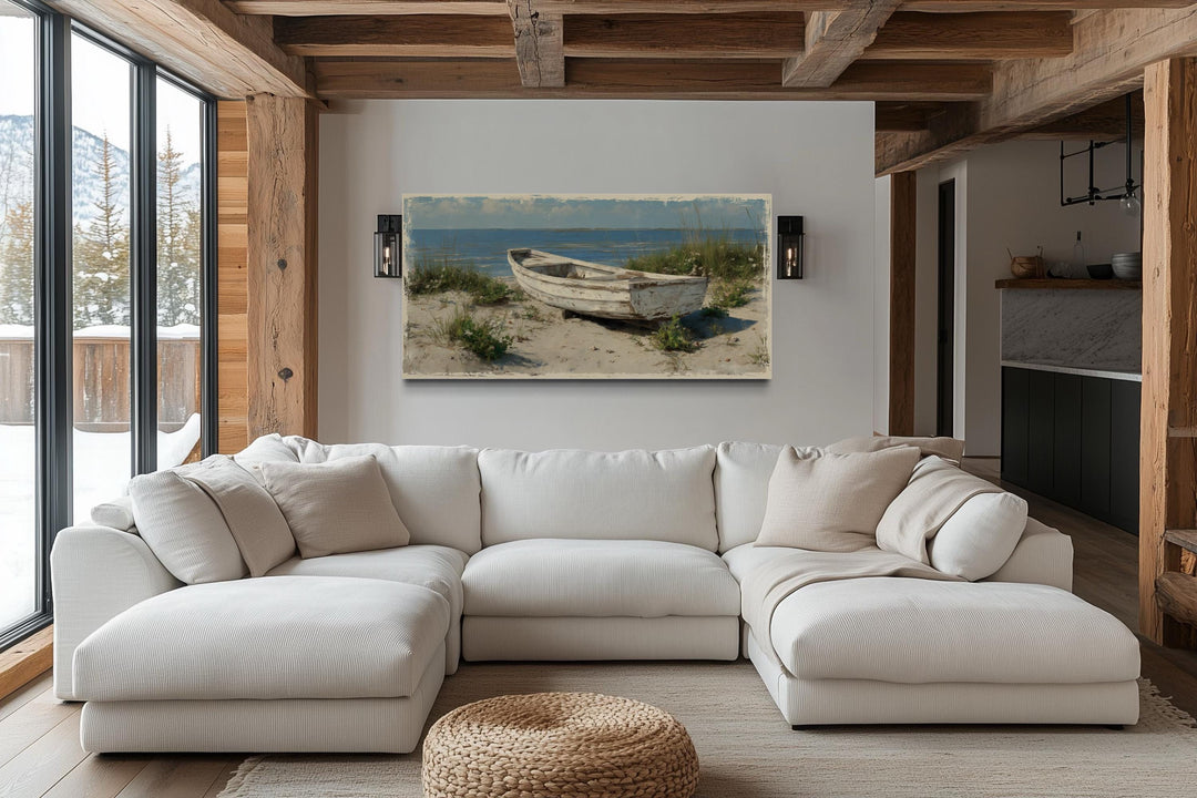 Old White Boat On The Beach Coastal Framed Canvas Wall Art