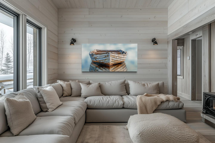 Old White Wooden Boat Floating on Calm Water Coastal Wall Art
