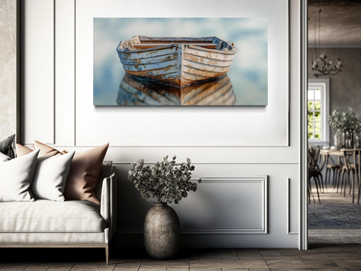 Old White Wooden Boat Floating on Calm Water Coastal Wall Art