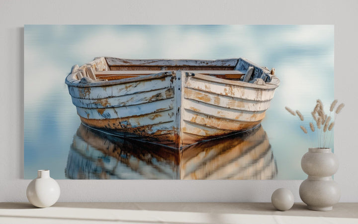 Old White Wooden Boat Floating on Calm Water Coastal Wall Art