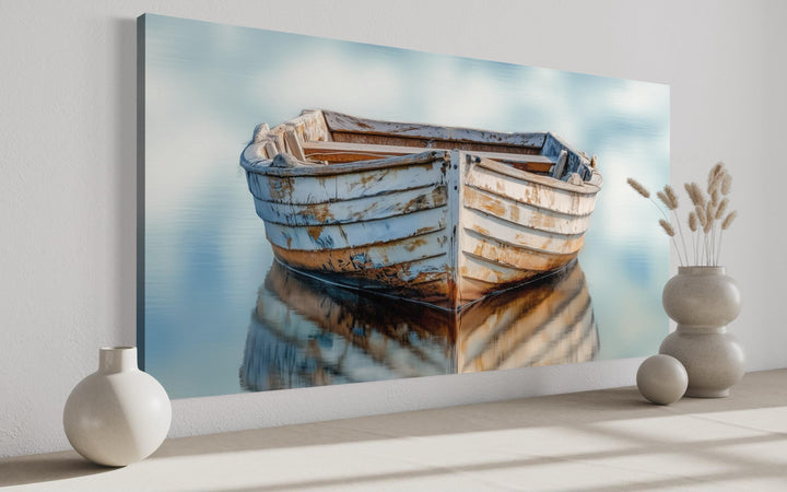 Old White Wooden Boat Floating on Calm Water Coastal Wall Art