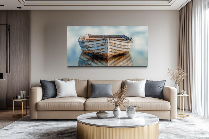 Old White Wooden Boat Floating on Calm Water Coastal Wall Art