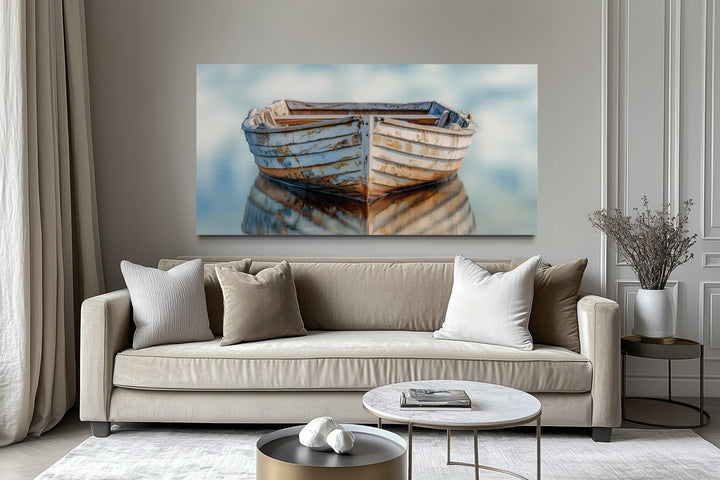 Old White Wooden Boat Floating on Calm Water Coastal Wall Art