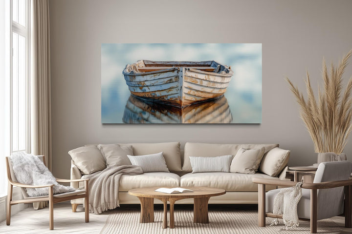 Old White Wooden Boat Floating on Calm Water Coastal Wall Art