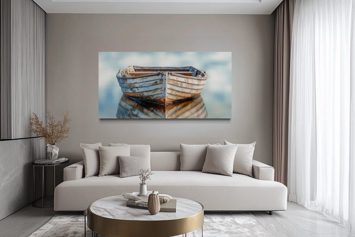 Old White Wooden Boat Floating on Calm Water Coastal Wall Art