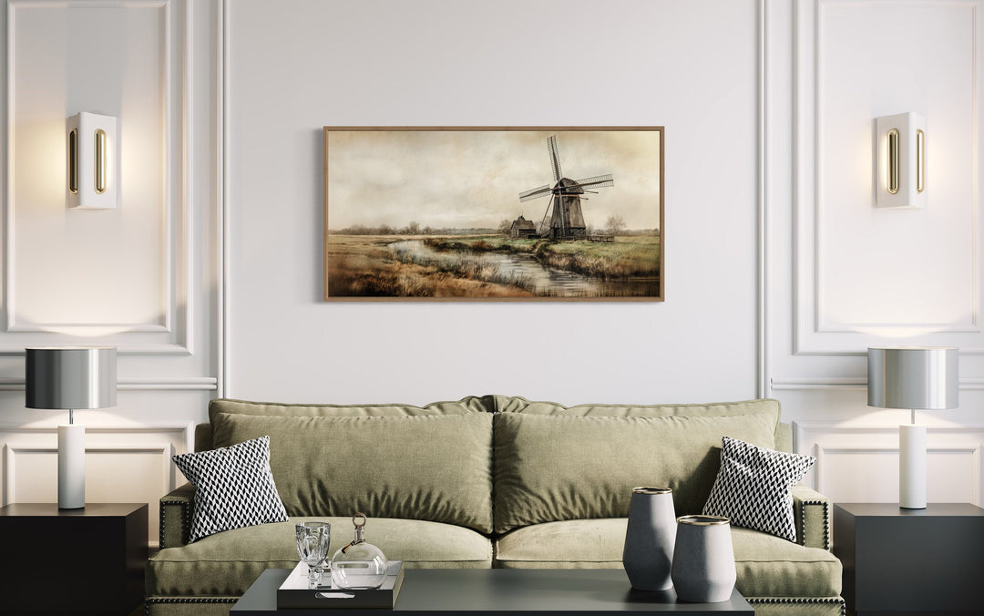 Old Windmill In The Farm Field Vintage Framed Canvas Wall Art