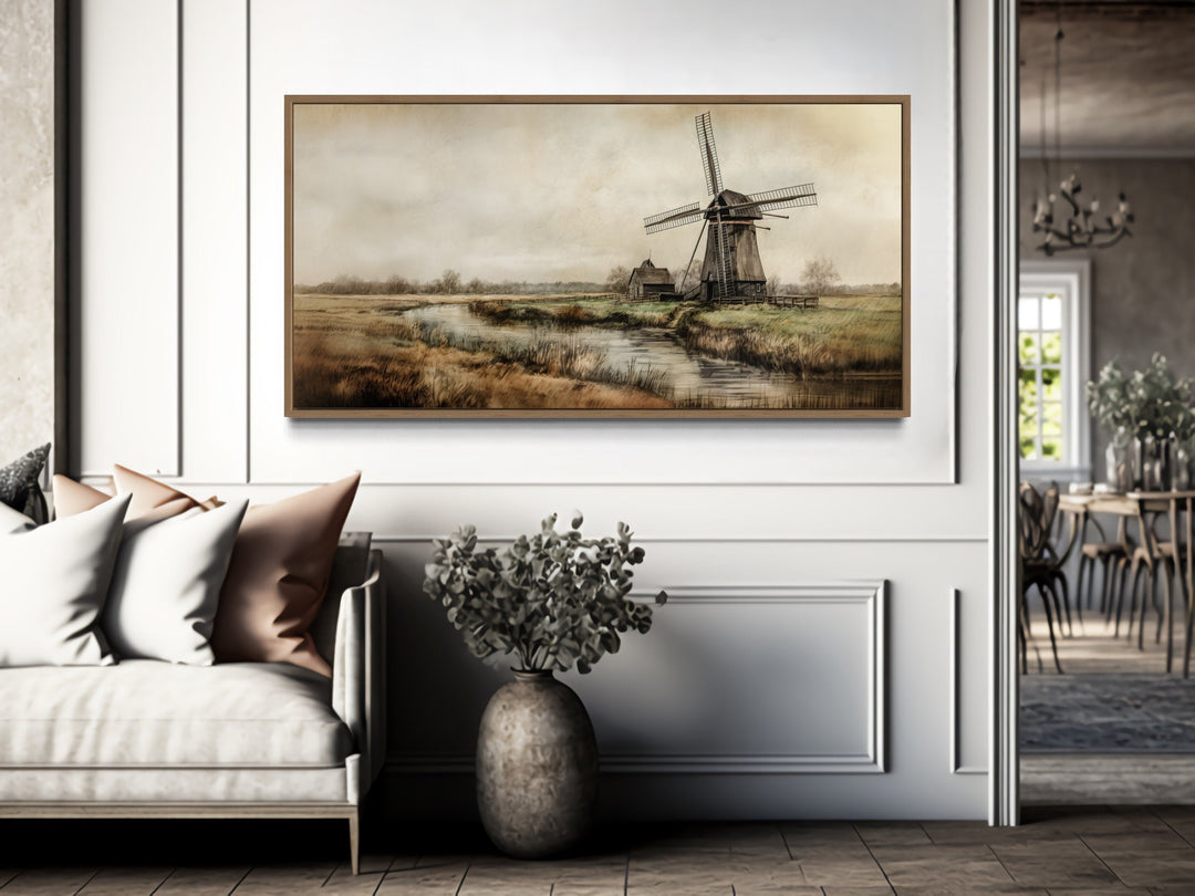 Old Windmill In The Farm Field Vintage Framed Canvas Wall Art