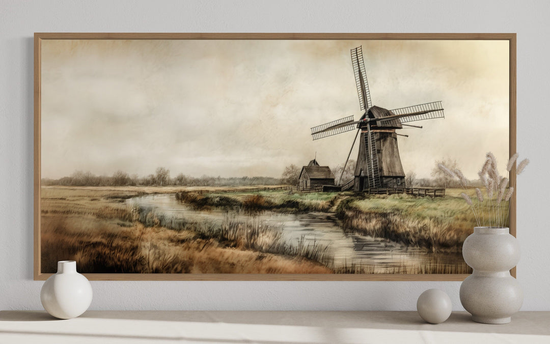 Old Windmill In The Farm Field Vintage Framed Canvas Wall Art