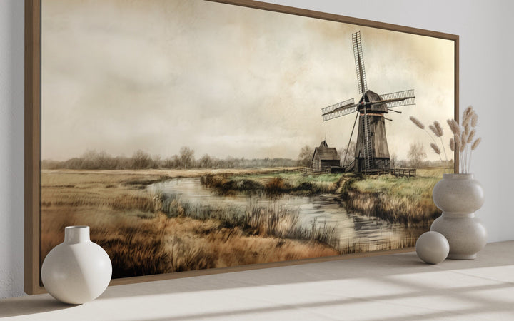 Old Windmill In The Farm Field Vintage Framed Canvas Wall Art