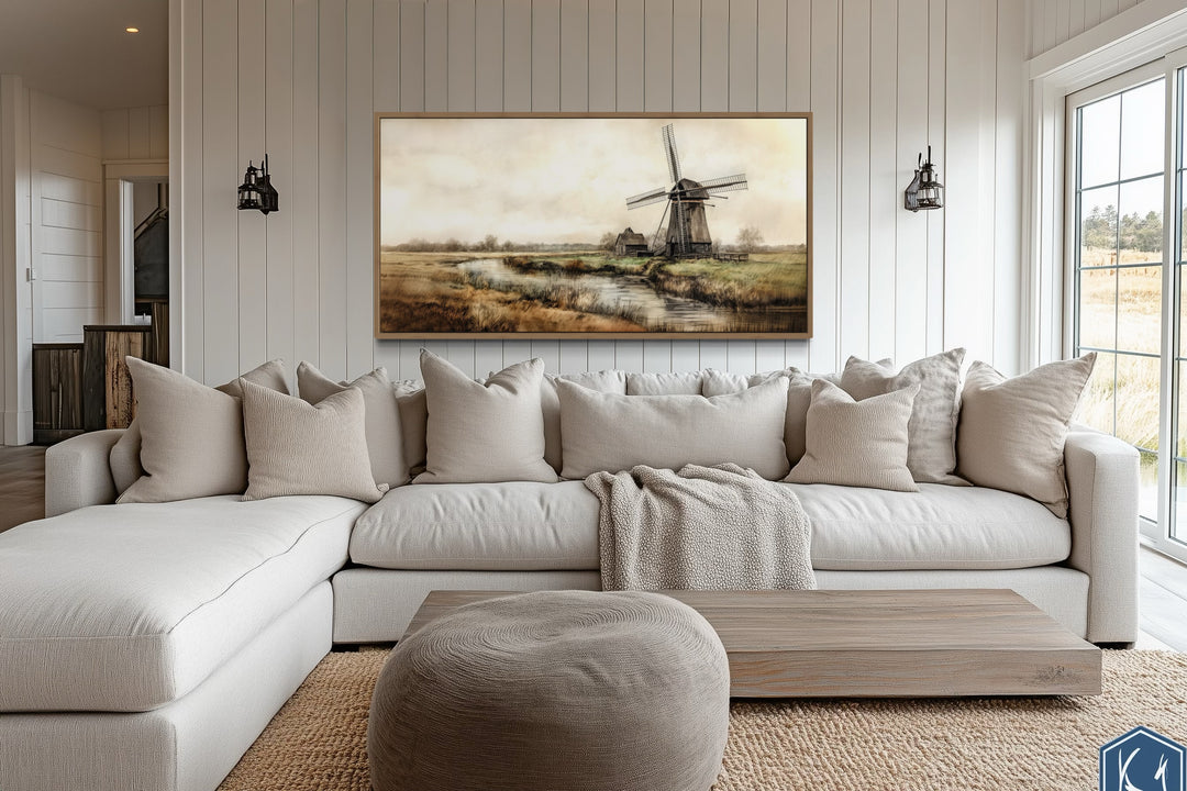 Old Windmill In The Farm Field Vintage Framed Canvas Wall Art