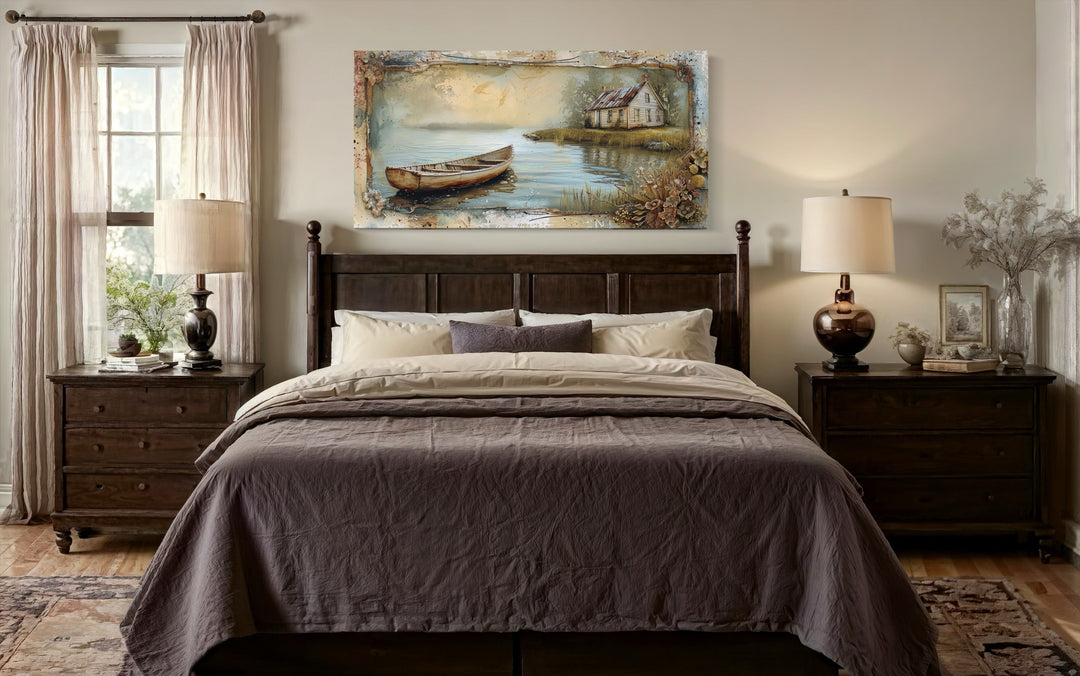 Rustic Cabin Wall Decor - Old Wooden Boat In The Lake Rustic Framed Canvas Wall Art For Cabin Decor