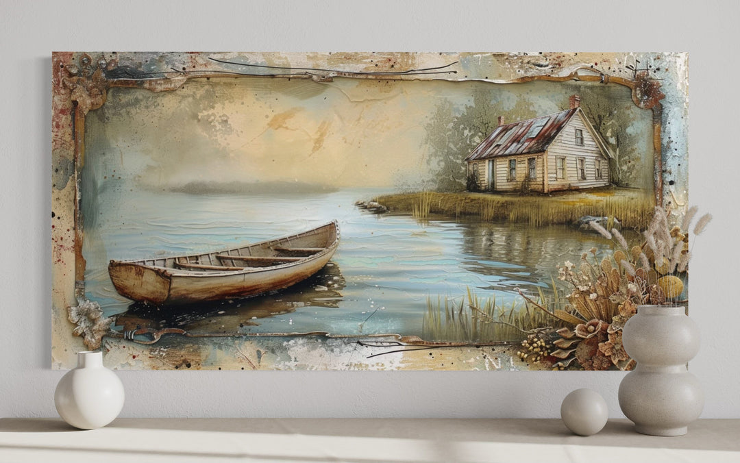 Rustic Cabin Wall Decor - Old Wooden Boat In The Lake Rustic Framed Canvas Wall Art For Cabin Decor