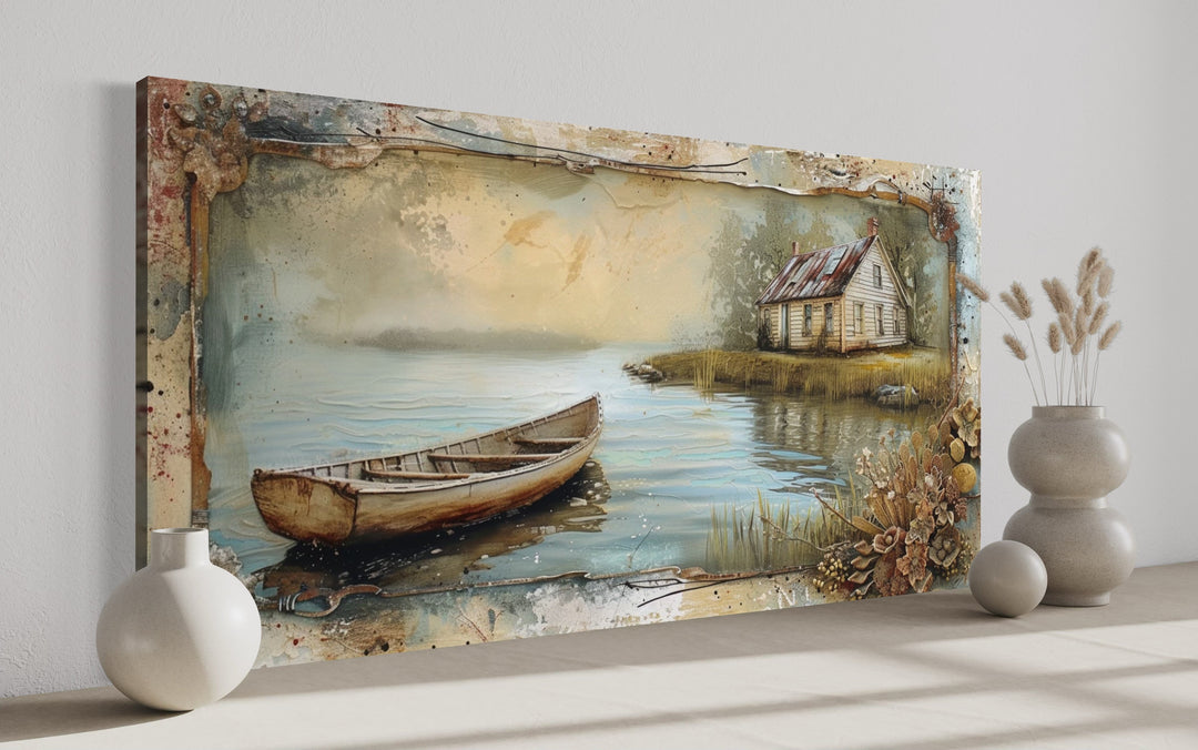 Rustic Cabin Wall Decor - Old Wooden Boat In The Lake Rustic Framed Canvas Wall Art For Cabin Decor