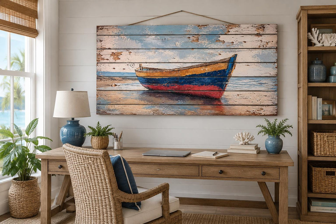 Distressed wood wall art of a colorful rowboat on a shore, hanging above a desk in a coastal room.