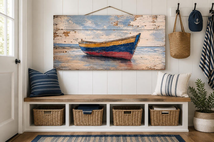 Distressed wood wall art of a colorful rowboat on a shore, hanging in a coastal mudroom.