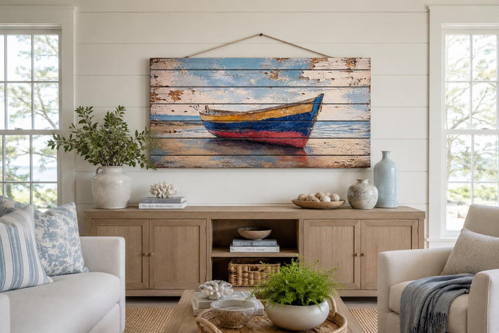 Distressed wood wall art of a weathered rowboat on a shore, hanging above a wooden sideboard.