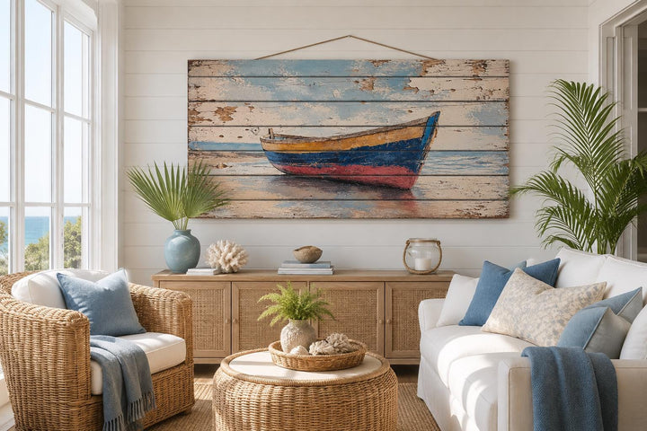 Distressed wood wall art of a colorful rowboat on a shore, hanging in a coastal living room.