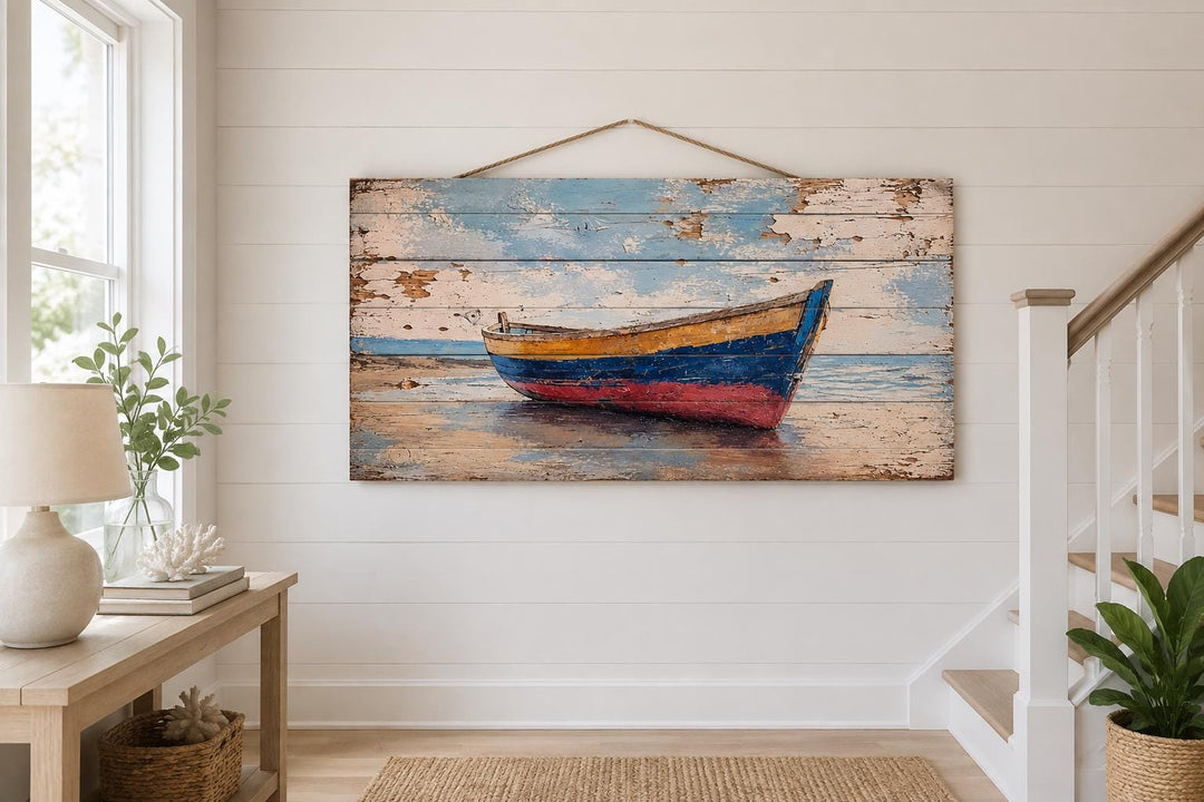 Distressed wood wall art of an old wooden rowboat on a shore, hanging in a coastal-style room.