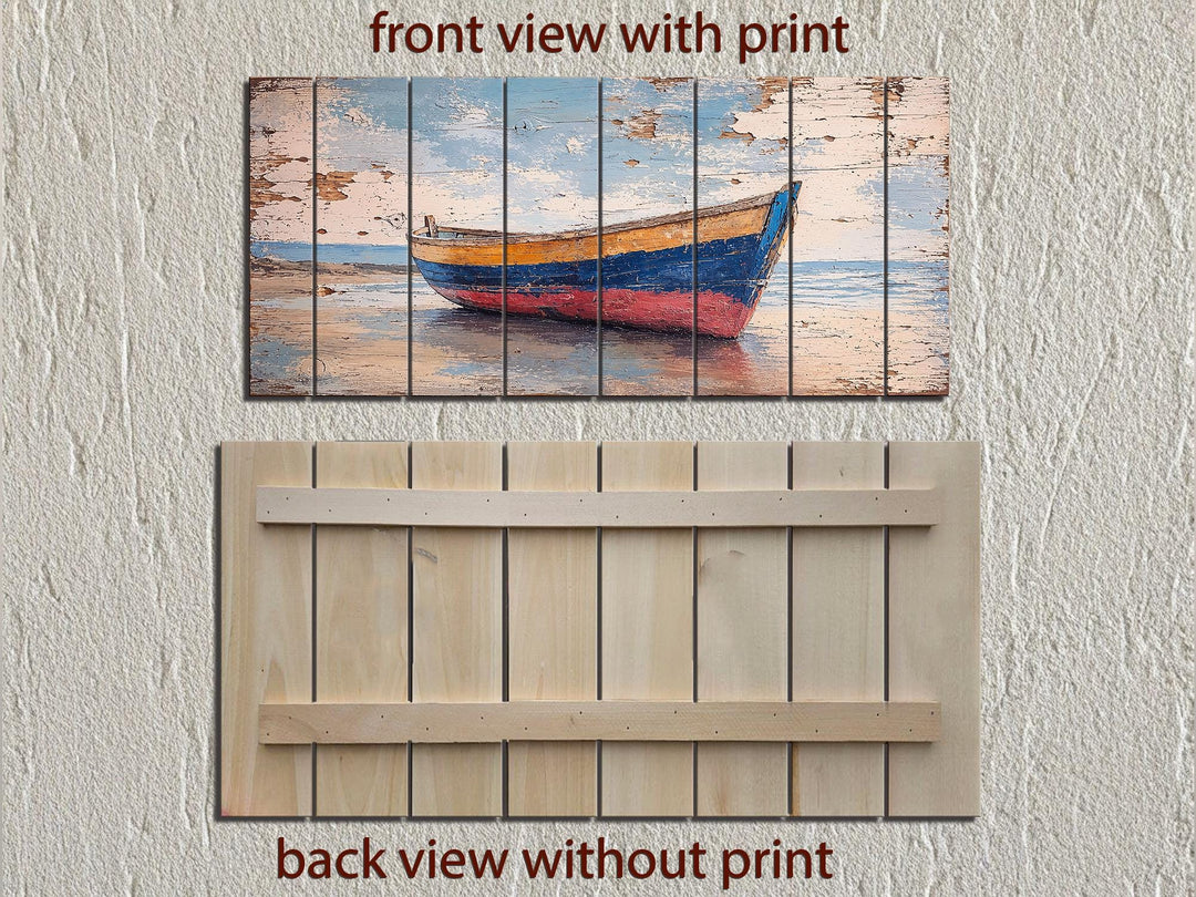 Distressed wood wall art of a colorful rowboat on a shore, showing front print and back structure.